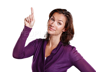 Buy stock photo Portrait, woman and pointing in studio with discount or promotion and presentation for deal. Happy, female person and hand with gesture by white background for announcement, advertisement and news