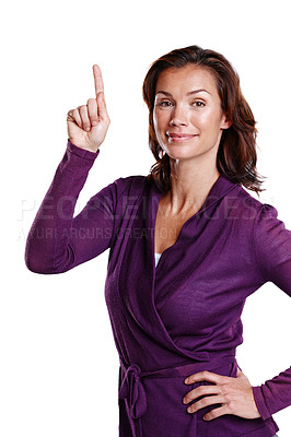 Buy stock photo Hand, portrait and woman pointing in studio with discount or promotion for fashion or product placement. Happy, female person and gesture by white background for information and advertisement 