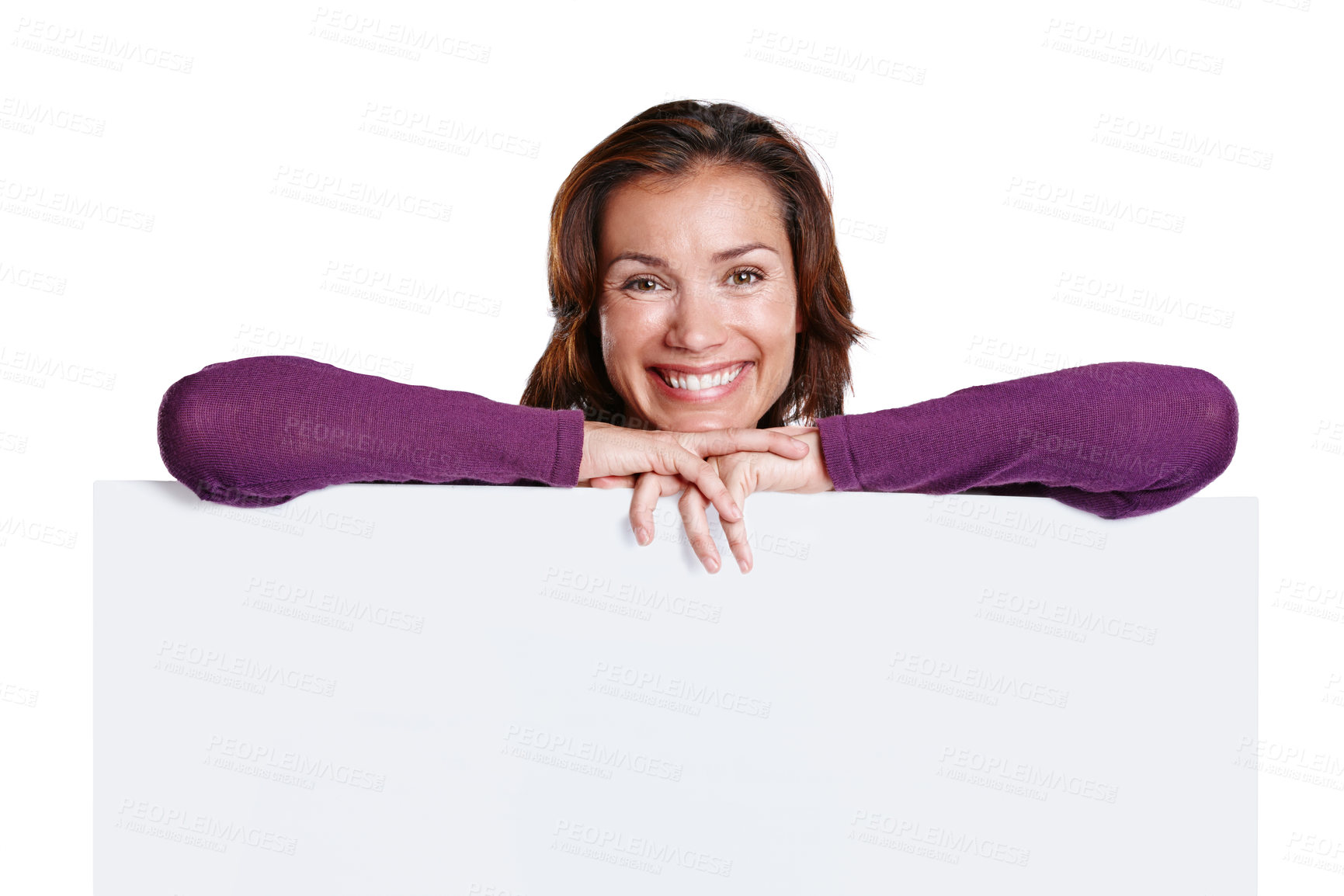 Buy stock photo Smile, mockup and portrait of woman with poster in studio with for advertising, marketing or promotion. Billboard, happy and female person with blank space on paper for sign by white background.