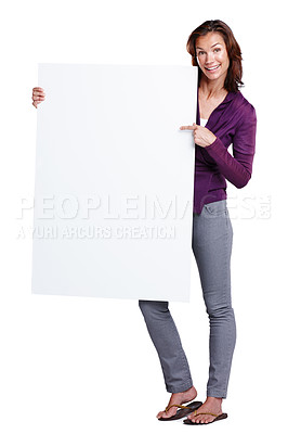 Buy stock photo Pointing, portrait and woman with poster mockup in studio with space for advertising, marketing or promotion. Billboard, presentation and female person with blank paper for sign by white background