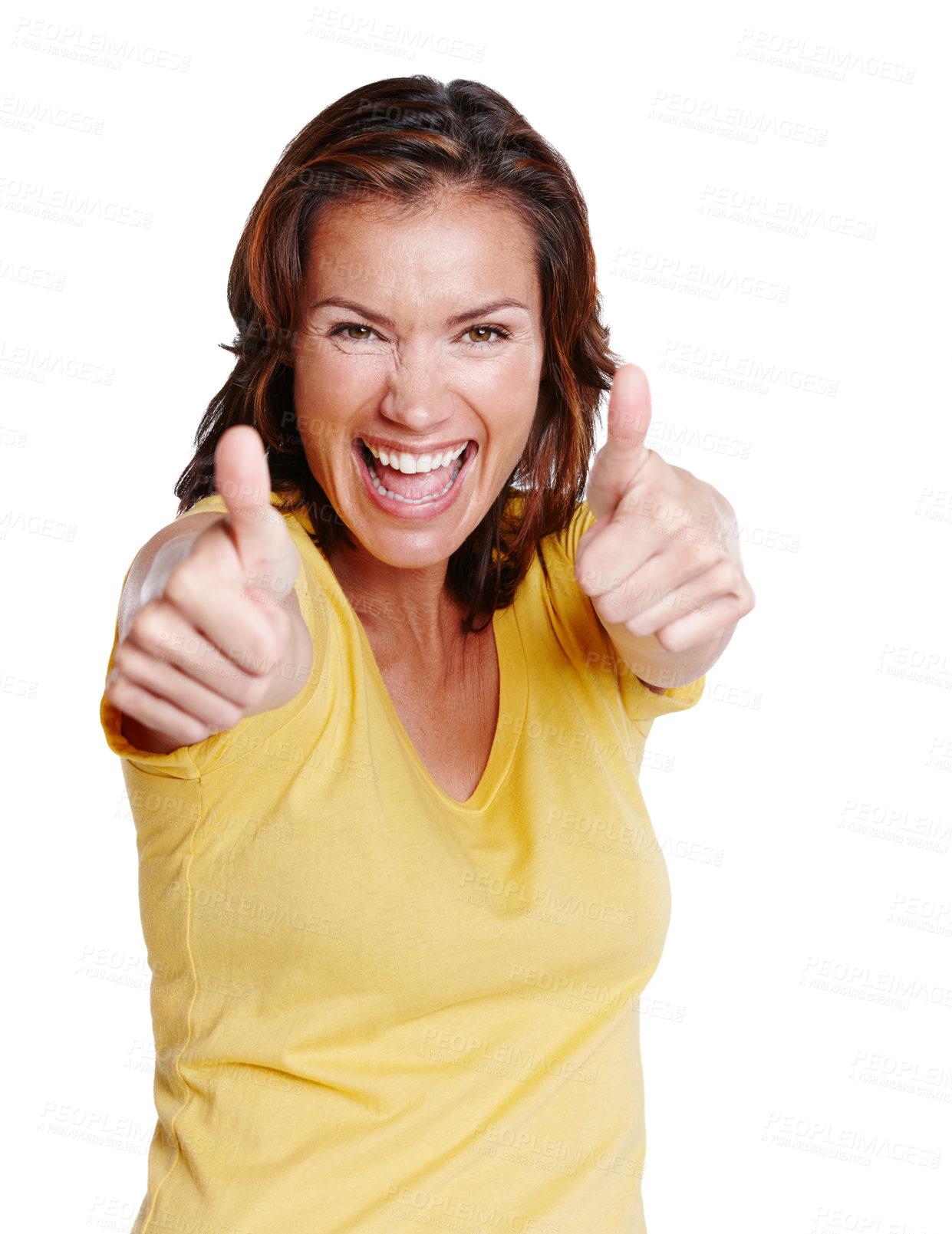 Buy stock photo Thumbs up, woman and portrait for achievement, success and winning in studio with smile and pride. Celebrate, female person and wow emoji for good news and review by white background for yes gesture