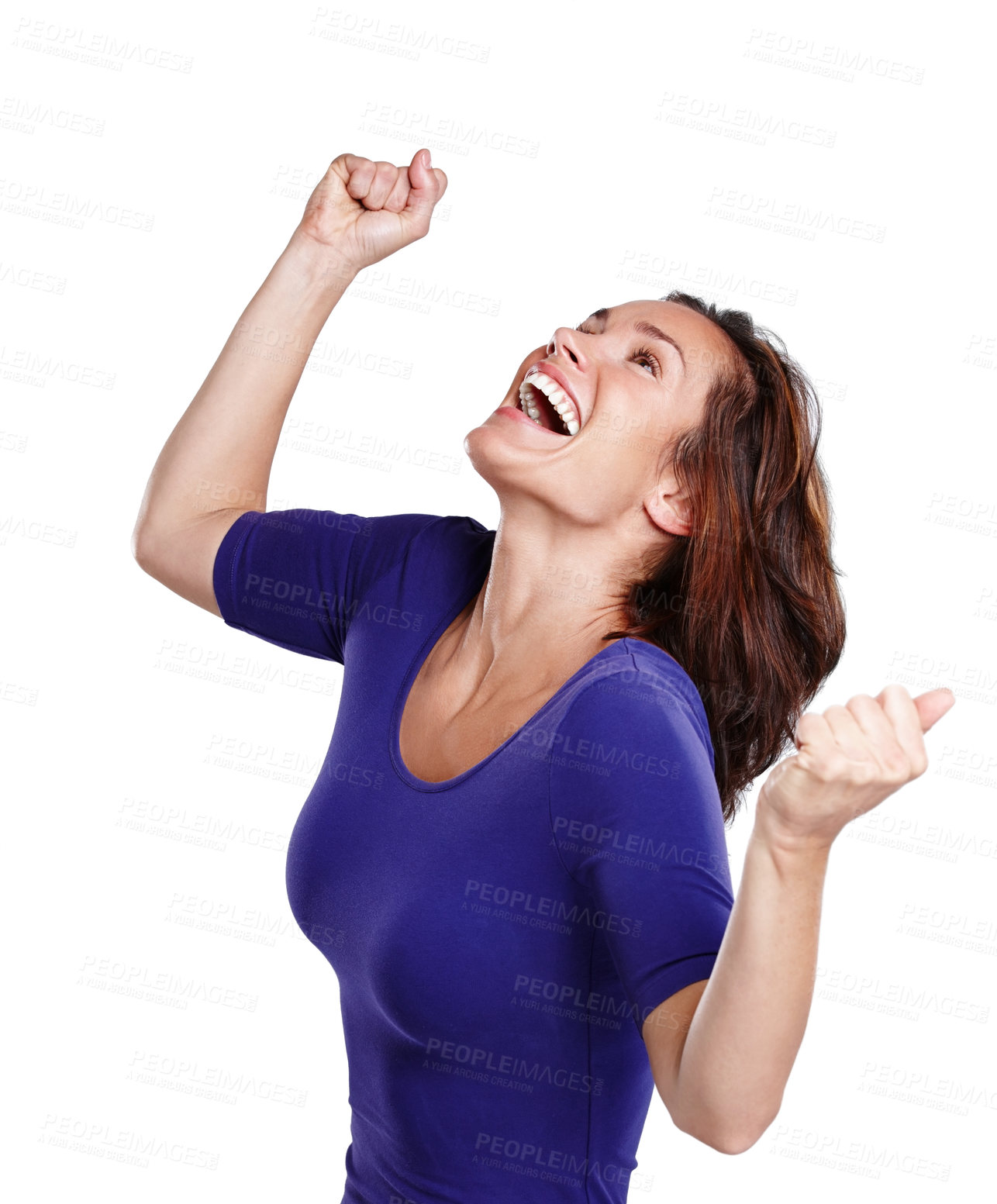 Buy stock photo A young woman in casual wear punching the air in celebration