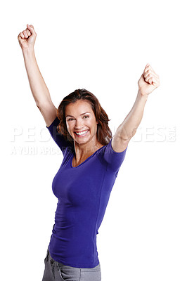 Buy stock photo Achievement, excited and portrait of woman for winning or success in studio with smile and pride. Celebrate, female person and open arms for good news and review by white background for mockup space