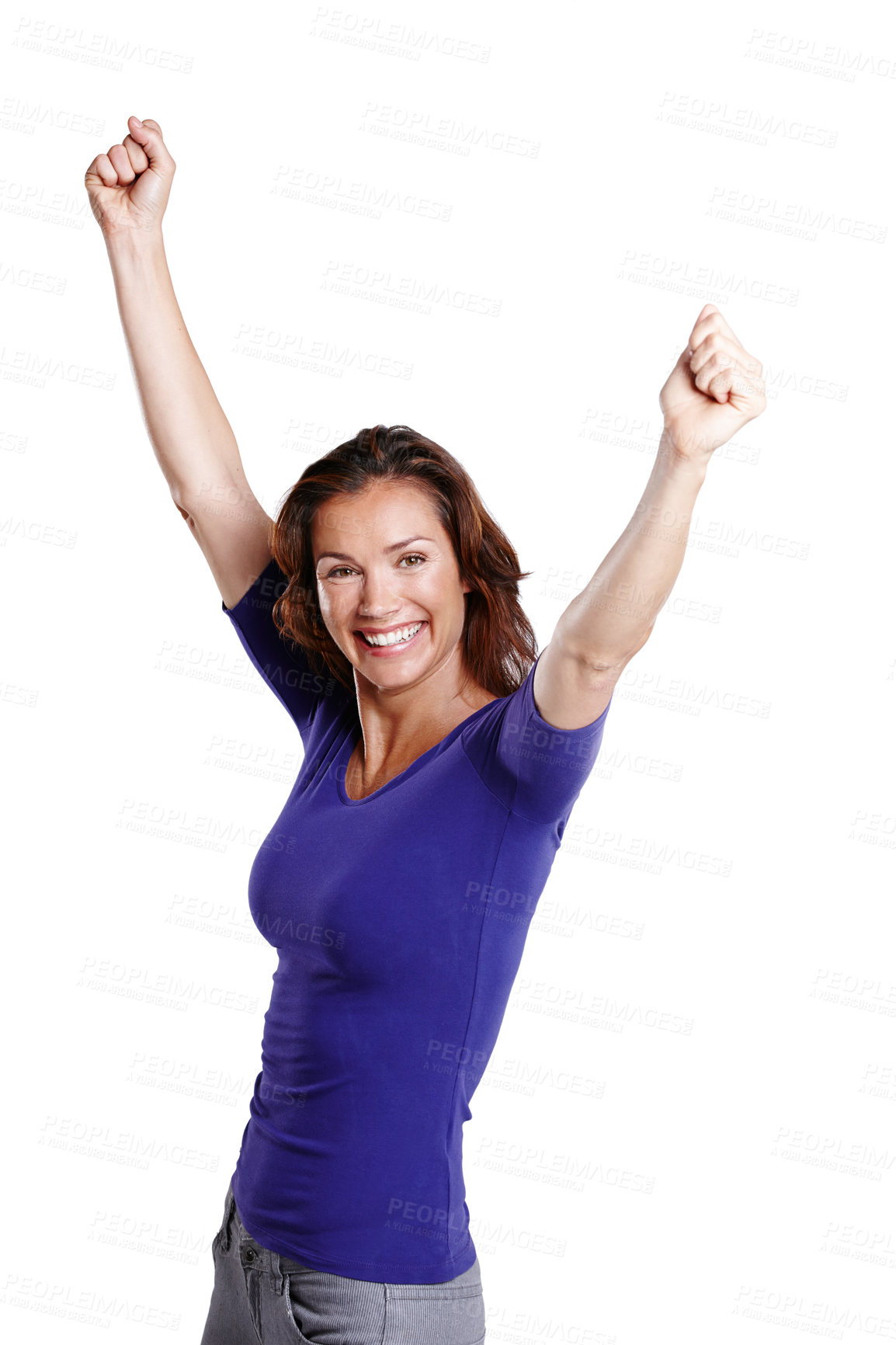 Buy stock photo Achievement, excited and portrait of woman for winning or success in studio with smile and pride. Celebrate, female person and open arms for good news and review by white background for mockup space