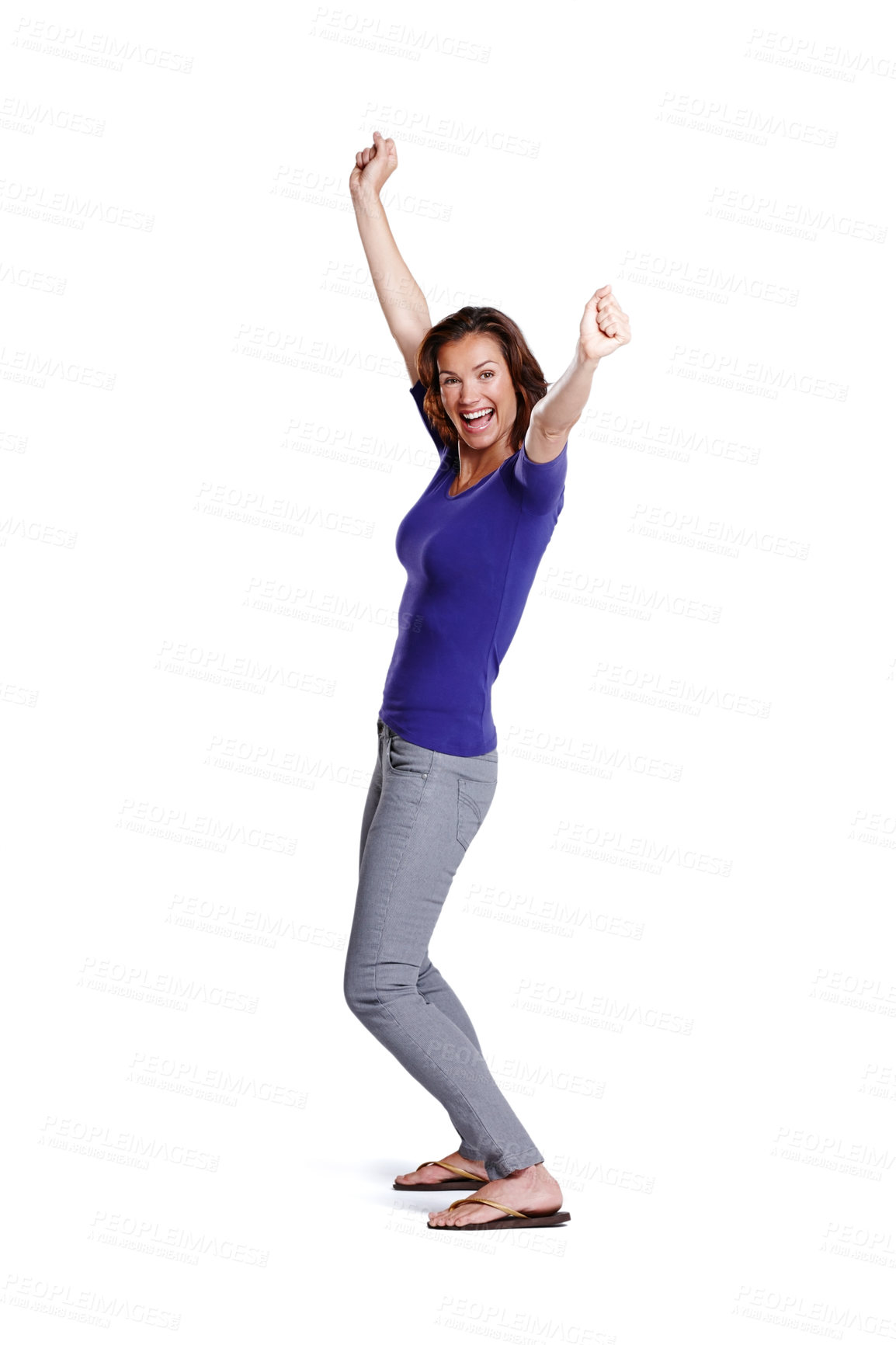 Buy stock photo Woman, excited and portrait of winning or achievement and success in studio with smile and pride. Celebrate, female person and wow emoji for good news and review by white background for mockup space