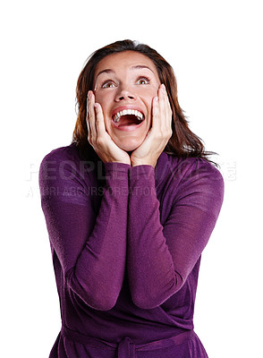 Buy stock photo Woman with wow facial expression. Surprised and looking up in awe while isolated against white background in studio with copyspace. Young beautiful woman feeling shocked, excited with mouth open