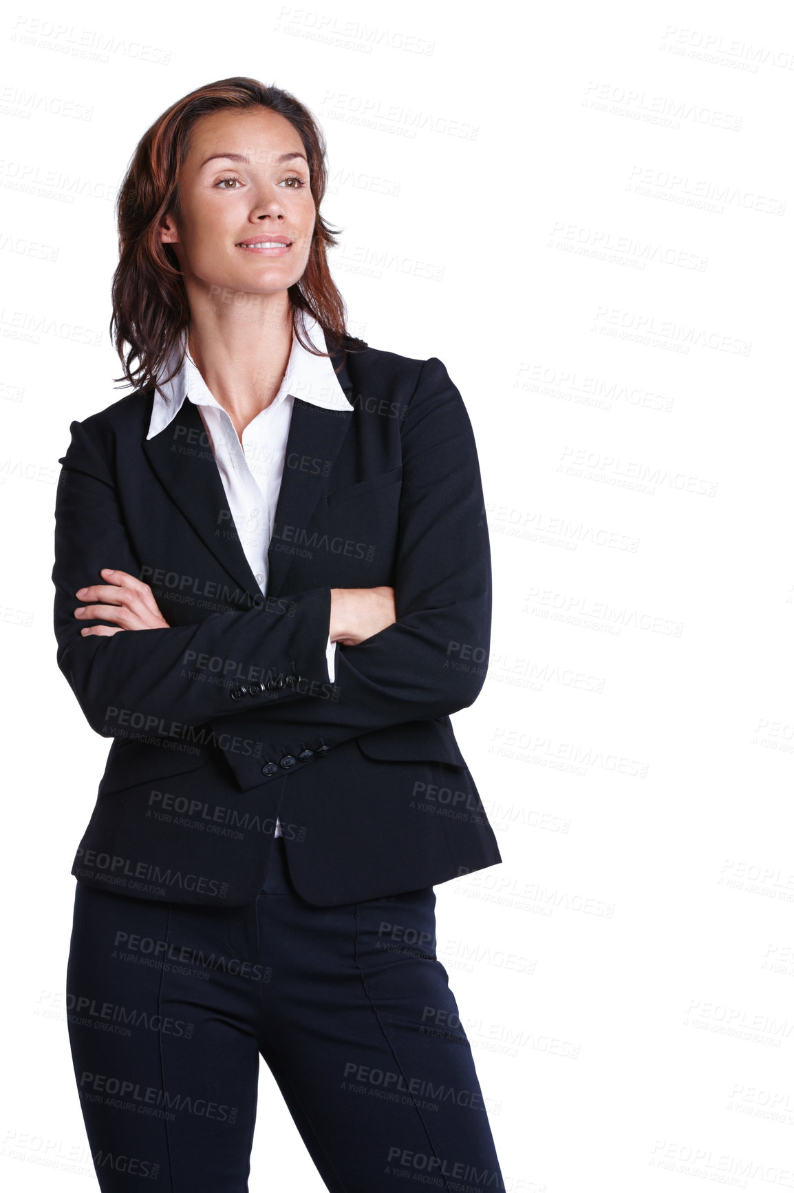 Buy stock photo Woman, crossed arms and business fashion in studio, lawyer and corporate attorney or thinking on white background. Law firm, justice employee and clothing vision, confident and professional suit