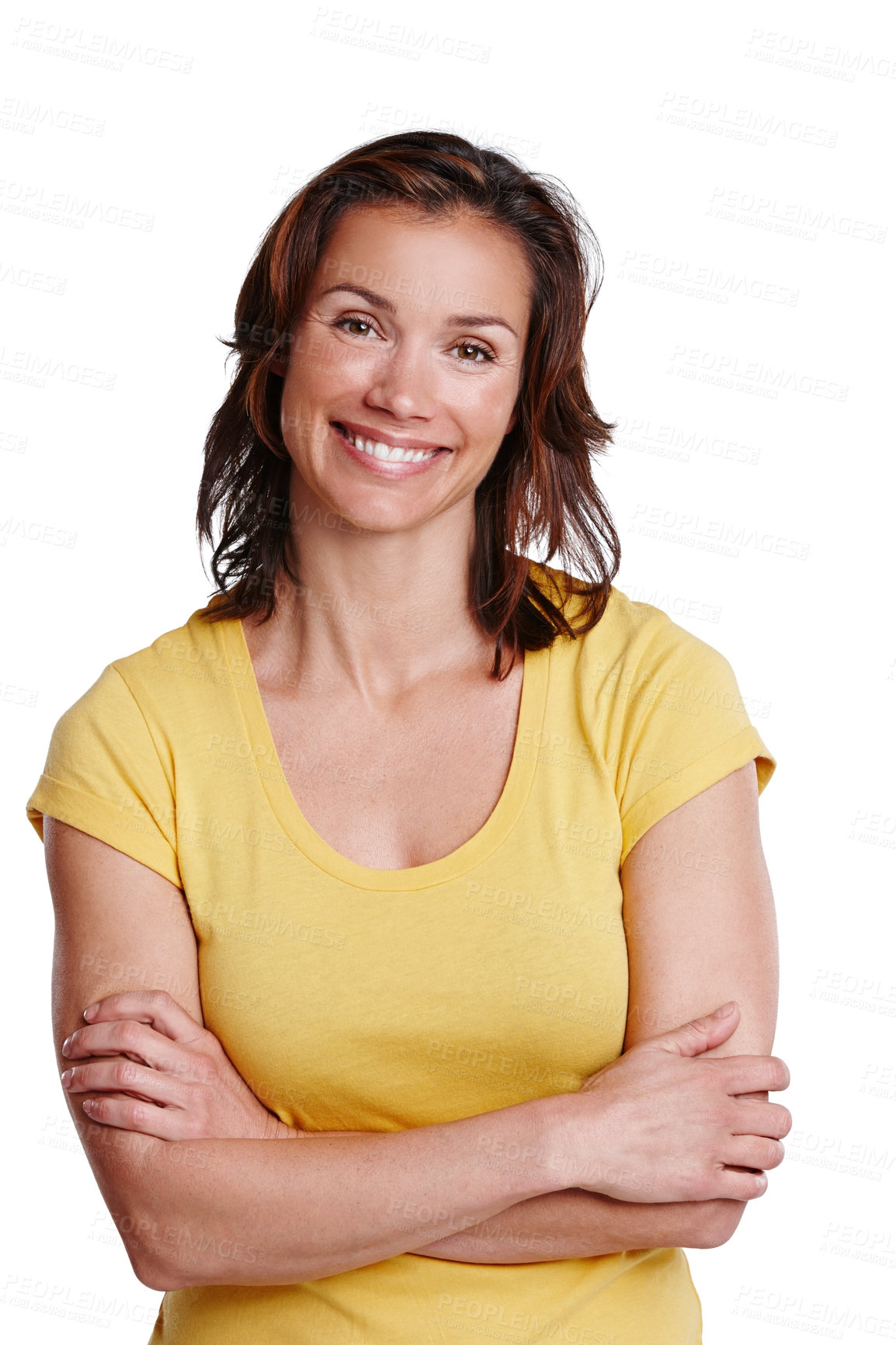 Buy stock photo A happy young woman standing against a white background. An energetic woman with folding hands with a big smile on her face behind the white background. A lady in a yellow top with a confident smile.