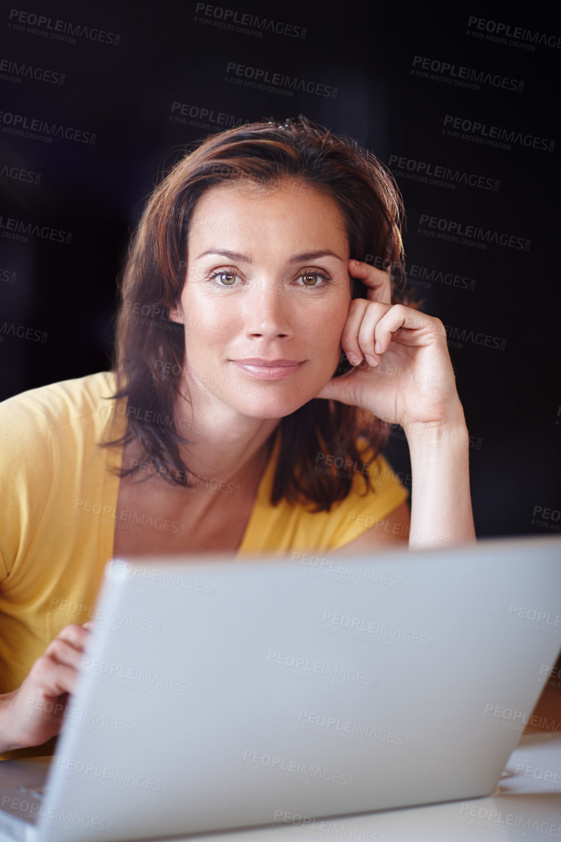 Buy stock photo Remote work, portrait or woman with laptop in home office for planning, research or online communication on black background. Freelance, writing or person with pc for copywriting, idea or inspiration