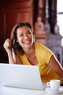 Buy stock photo Remote work, thinking and happy woman with laptop in home office for memory, reflection or inspiration with coffee. Freelance, writing and person with pc for copywriting, idea or planning newsletter