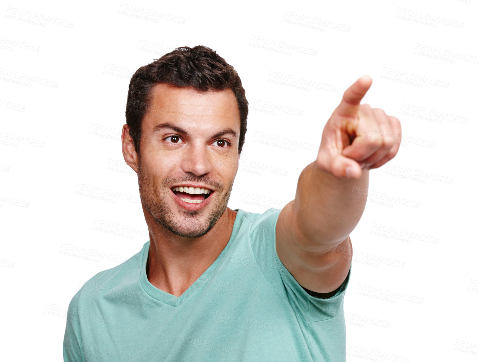 Buy stock photo Excited, solution and man pointing hand in direction with happy, curious and choice expression. Idea of caucasian model thinking and focused with smile for decision at isolated white background.

