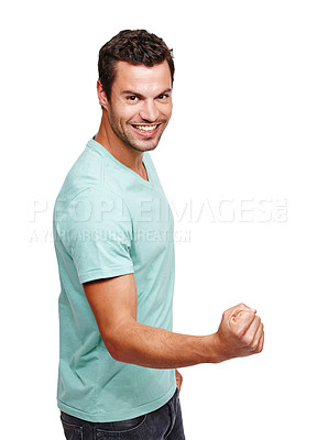 Buy stock photo Portrait, man and fist for success, winning and young guy isolated on white studio background. Male, gentleman and winner with gesture, achievement and victory with smile, celebrate and on backdrop