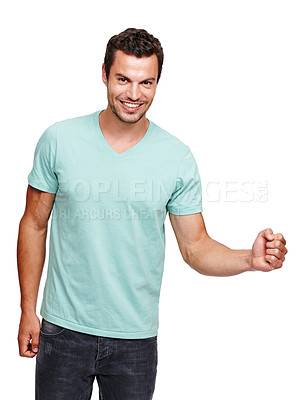 Buy stock photo Portrait, man and fist for achievement, excited and young male isolated on white studio background. Guy, gentleman and gesture for success, winner and celebration with happiness, motivation or energy