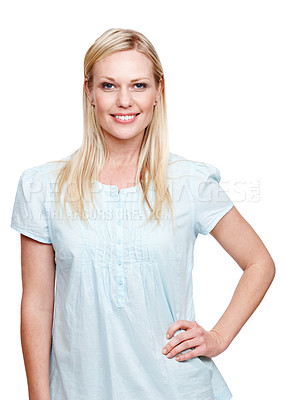 Buy stock photo Happy, smile and portrait of woman on a white background with confidence, positive attitude and pride. Attractive, fashion and face of isolated person with trendy outfit in studio in Switzerland