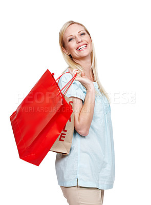 Buy stock photo Happy portrait, woman and shopping bag in studio for deal promotion, mockup or commercial for retail sale. Smile, lady and fashion gift with space, clothes discount and brand logo by white background