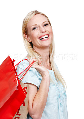 Buy stock photo Happy woman, portrait and shopping bag with purchase, buying or fashion on a white studio background. Young female person, customer or shopper with smile for gift, discount or deal in sale at store