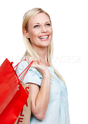 Buy stock photo Happy woman, shopping bag and purchase with fashion for buying spree on a white studio background. Young female person, customer or shopper with smile for gift, discount or deal in sale at store