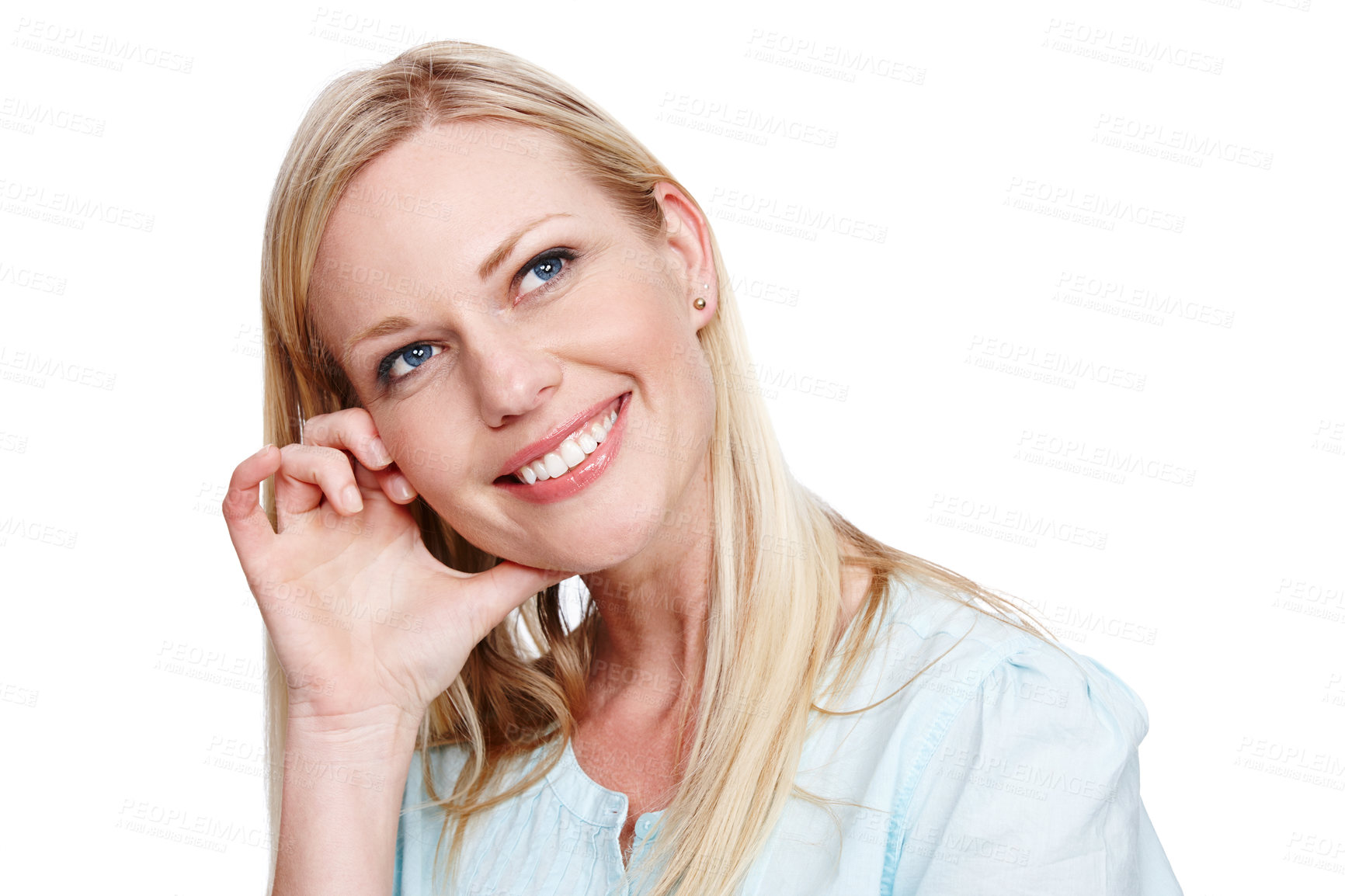 Buy stock photo A beautiful woman looking away thoughtfully and smiling - isolated