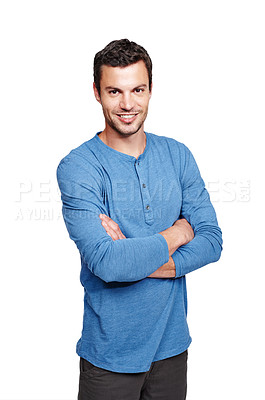 Buy stock photo Man, smile and studio portrait with arms crossed, fashion and happiness by white background. Young isolated model, happy and clothes with calm, relax and handsome with casual smiling for lifestyle