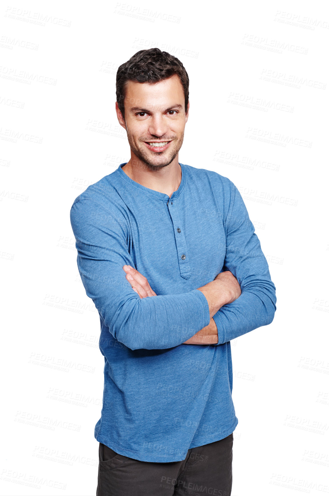 Buy stock photo Man, smile and studio portrait with arms crossed, fashion and happiness by white background. Young isolated model, happy and clothes with calm, relax and handsome with casual smiling for lifestyle