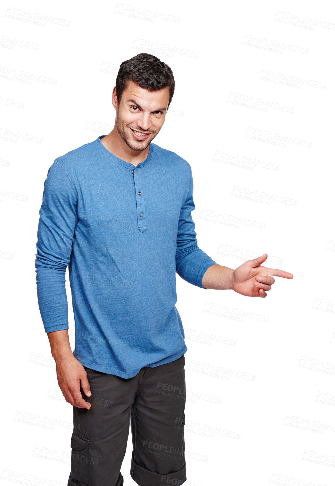 Buy stock photo Handsome, young and portrait of a man in a studio pointing for mockup space for advertising or marketing. Happy, smile and male model from Canada with a casual outfit isolated by a white background.