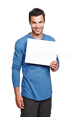 Buy stock photo Man portrait, blank poster and mockup space for advertisement, marketing and sales sign. White background, isolated and empty board of a person in a studio for advertising with a smile and mock up