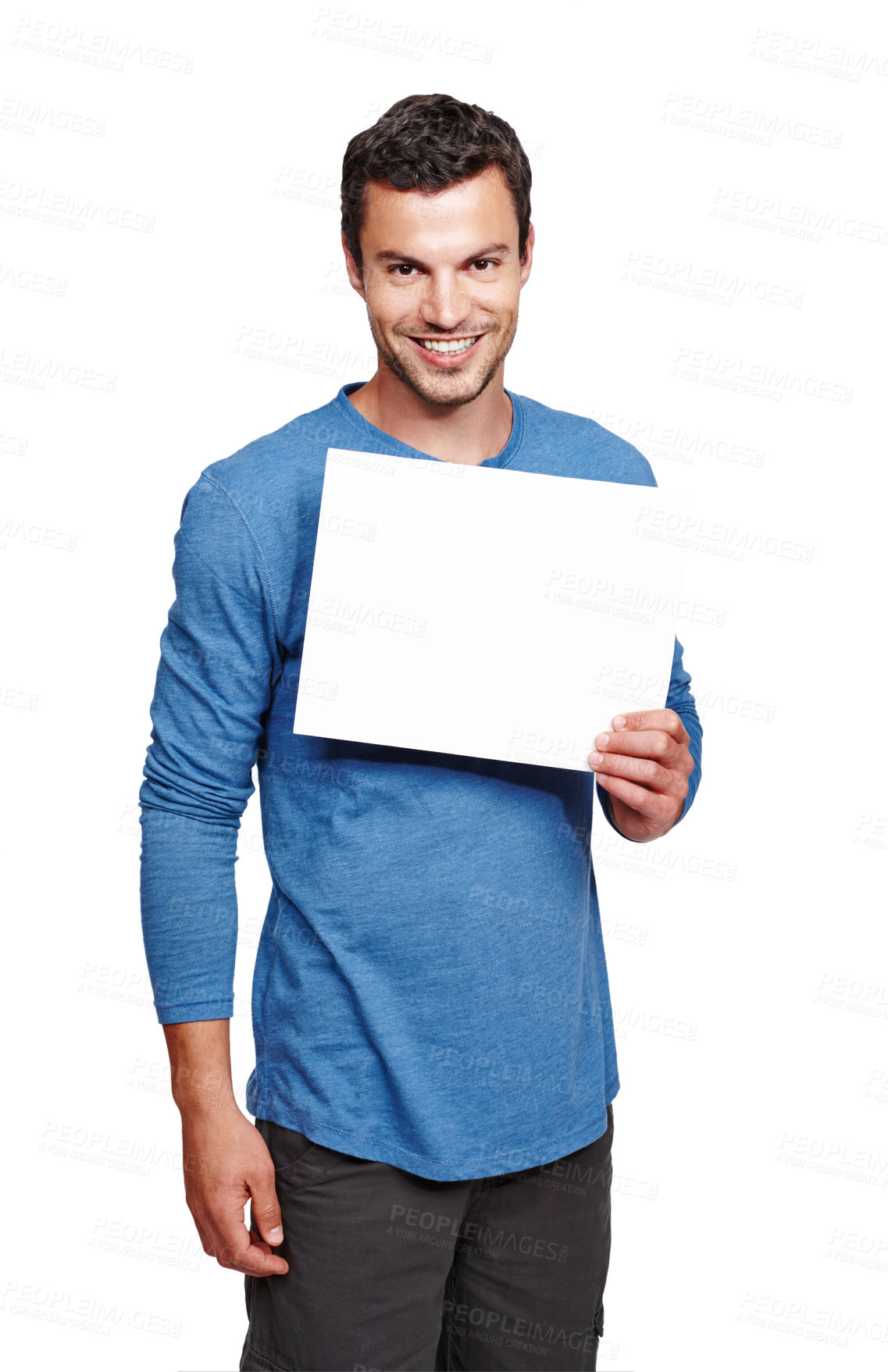 Buy stock photo Man portrait, blank poster and mockup space for advertisement, marketing and sales sign. White background, isolated and empty board of a person in a studio for advertising with a smile and mock up