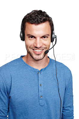 Buy stock photo Customer support communication, studio portrait and man talk on contact us CRM, telemarketing or call center. Telecom microphone, happy customer service and consultant consulting on white background