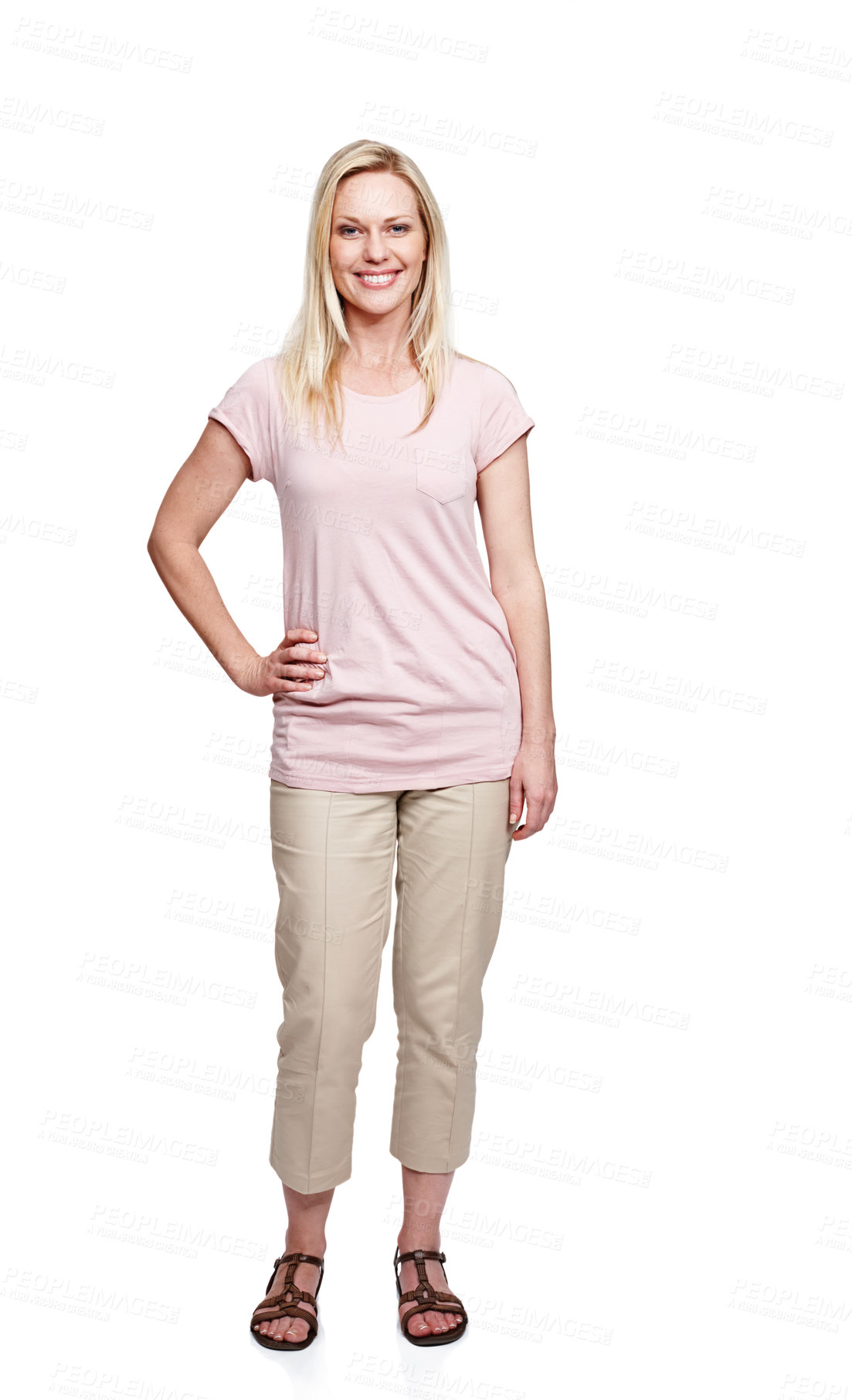 Buy stock photo Happy, fashion and portrait of woman in studio with confidence, positive attitude and pride. Attractive, full length and face of isolated person with casual outfit on white background in Switzerland