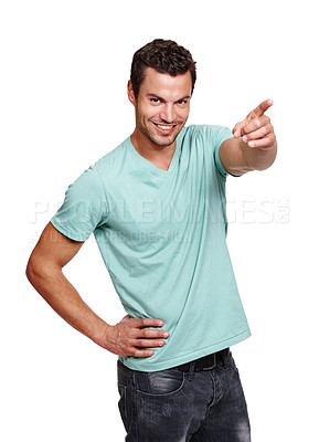 Buy stock photo Man, happy portrait and pointing finger in studio for advertising, marketing mockup and product suggestion isolated white background. Handsome male, confident smile and point hands for choice 