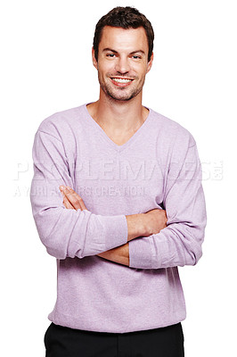 Buy stock photo Man, portrait and smile of a model with arms crossed happy in a isolated vertical white background. Happiness, studio and positive smiling of a adult person feeling attractive, cool and casual 