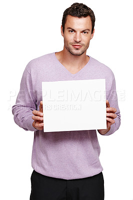 Buy stock photo Placard mockup, studio and portrait of man with marketing poster, advertising banner or product placement space. Billboard paper mock up, discount promotion sign and sales model on white background