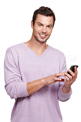 Buy stock photo Portrait, man and smartphone for typing, search internet and guy isolated on white studio background. Male, gentleman and phone for communication, connection and social media for chatting and texting