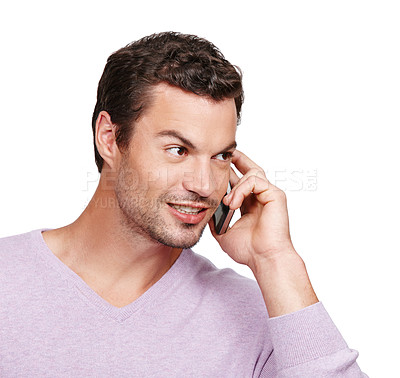 Buy stock photo Man, thinking and phone call conversation in studio for online communication, mobile phone discussion and isolated in white background. Casual person, smartphone and idea vision or speaking on call 