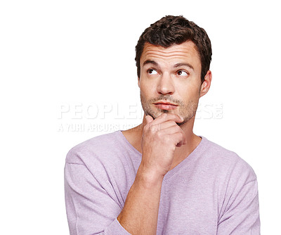 Buy stock photo Man, thinking and face with idea at mockup space for advertising, motivation and inspiration in studio. Male model isolated on a white background to think product placement ideas with hand on chin