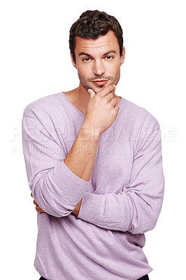 Buy stock photo Fashion, thinking and portrait of man on a white background with trendy, stylish and casual clothes. Inspiration, attitude and fashion model isolated in studio with confidence, ideas and thoughtful