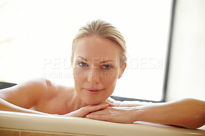 Buy stock photo Bathroom, beauty and portrait of woman in bath with soap, bubbles and foam for cleaning, washing and grooming. Relax, hygiene and person in water for calm for skincare, wellness and self care in home