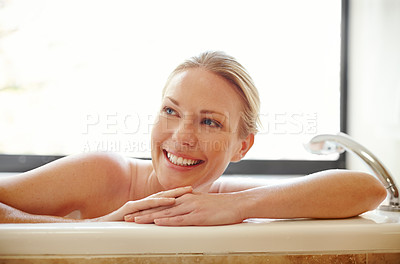 Buy stock photo Bathroom, happy and woman in bath in morning with soap, bubbles and foam for cleaning, washing and grooming. Relax, pamper and person in water for calm for skincare, wellness and self care in home