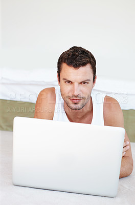 Buy stock photo Man, laptop and portrait on home floor, social media and streaming online in living room on weekend break. Connection, browsing and website search, apartment and internet blog in lounge with tech