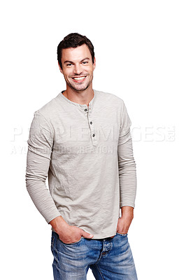 Buy stock photo Portrait, fashion and casual with a man model in studio isolated on a white background looking happy. Smile, cool and modern with a handsome male posing in contemporary clothes for trendy style