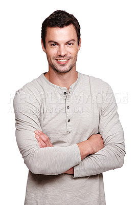 Buy stock photo Handsome man, smile and arms crossed with vision for happy ambition, goals or profile against white studio background. Portrait of a isolated young male smiling with crossed arms on white background