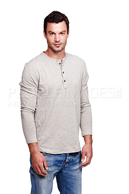 Buy stock photo Portrait, face and man in studio isolated on a white background looking serious in casual clothes. Pride, cool and modern model male posing for trendy style with space for advertising and motivation