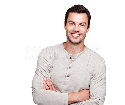 Buy stock photo Man, smile and arms crossed with teeth and vision for happy ambition, goals or profile against white studio background. Portrait of a isolated young male smiling with crossed arms on white background