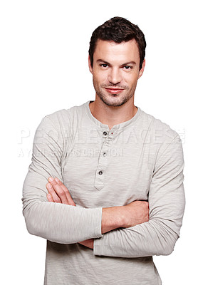 Buy stock photo Handsome man, smile and arms crossed in focus with vision for happy ambition, goal or profile against white background. Portrait of a isolated young male smiling with crossed arms on white background