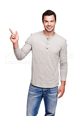 Buy stock photo Man, pointing finger and studio portrait with mockup space for advertising isolated on a white background. Happy male model from France showing hand for promotion idea, announcement and brand product