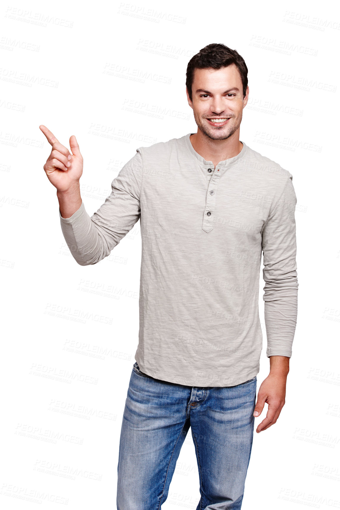 Buy stock photo Man, pointing finger and studio portrait with mockup space for advertising isolated on a white background. Happy male model from France showing hand for promotion idea, announcement and brand product