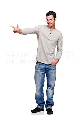 Buy stock photo Happy, idea and man pointing hand in direction with excited, curious and thinking expression. Happiness of model contemplating solution or choice with smile at isolated white background

