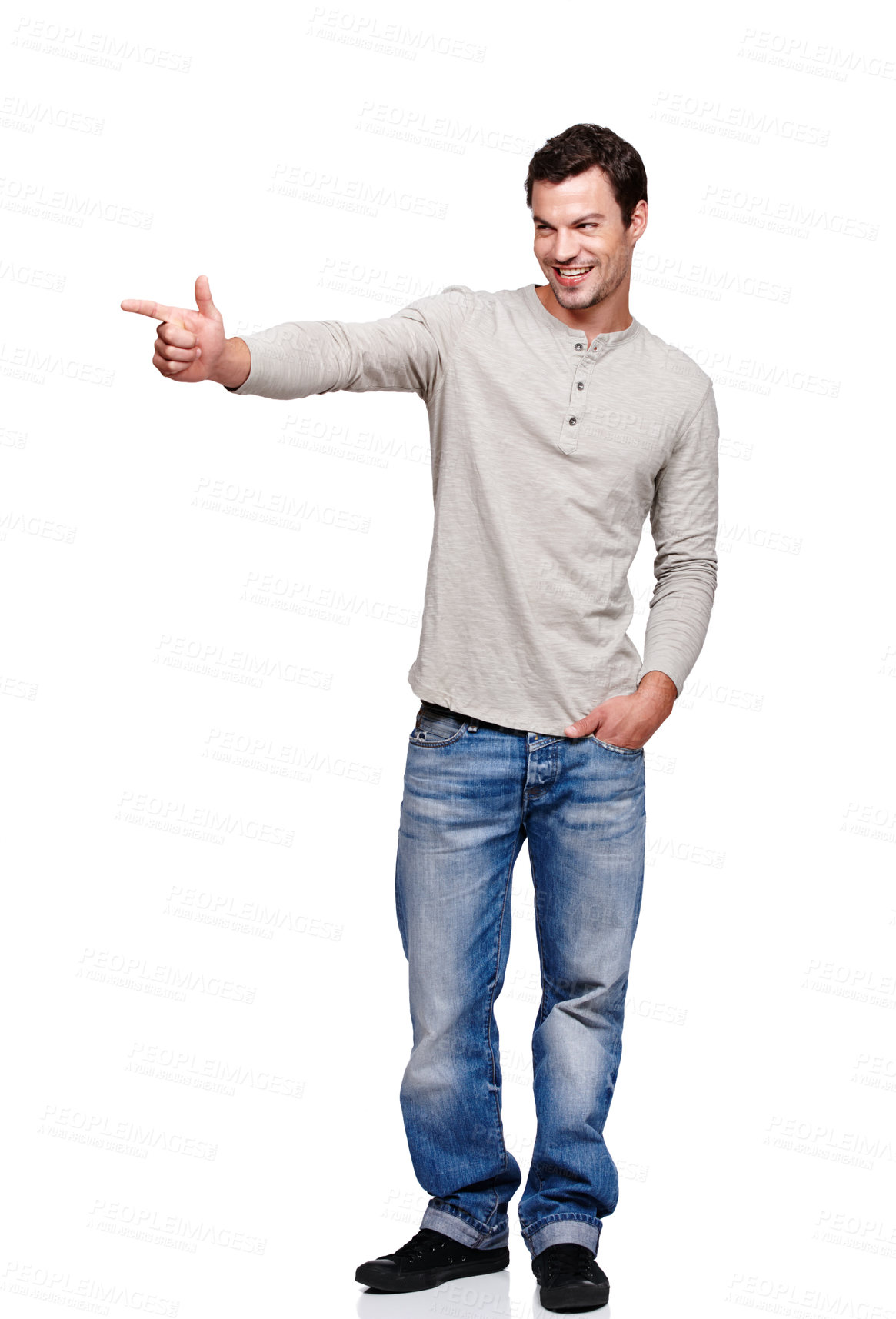 Buy stock photo Happy, idea and man pointing hand in direction with excited, curious and thinking expression. Happiness of model contemplating solution or choice with smile at isolated white background

