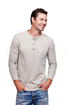 Buy stock photo Happy man, laughing and hands in pocket in studio isolated on a white background looking happy. Funny, cool and modern model male thinking and posing in casual clothes for trendy style idea