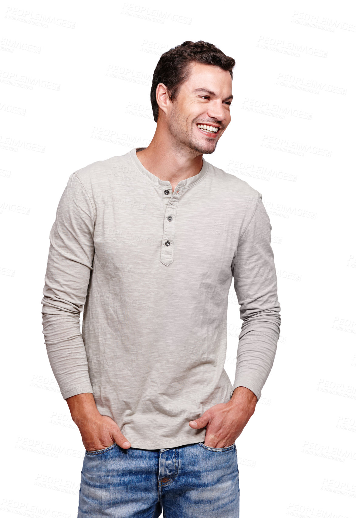 Buy stock photo Happy man, laughing and hands in pocket in studio isolated on a white background looking happy. Funny, cool and modern model male thinking and posing in casual clothes for trendy style idea